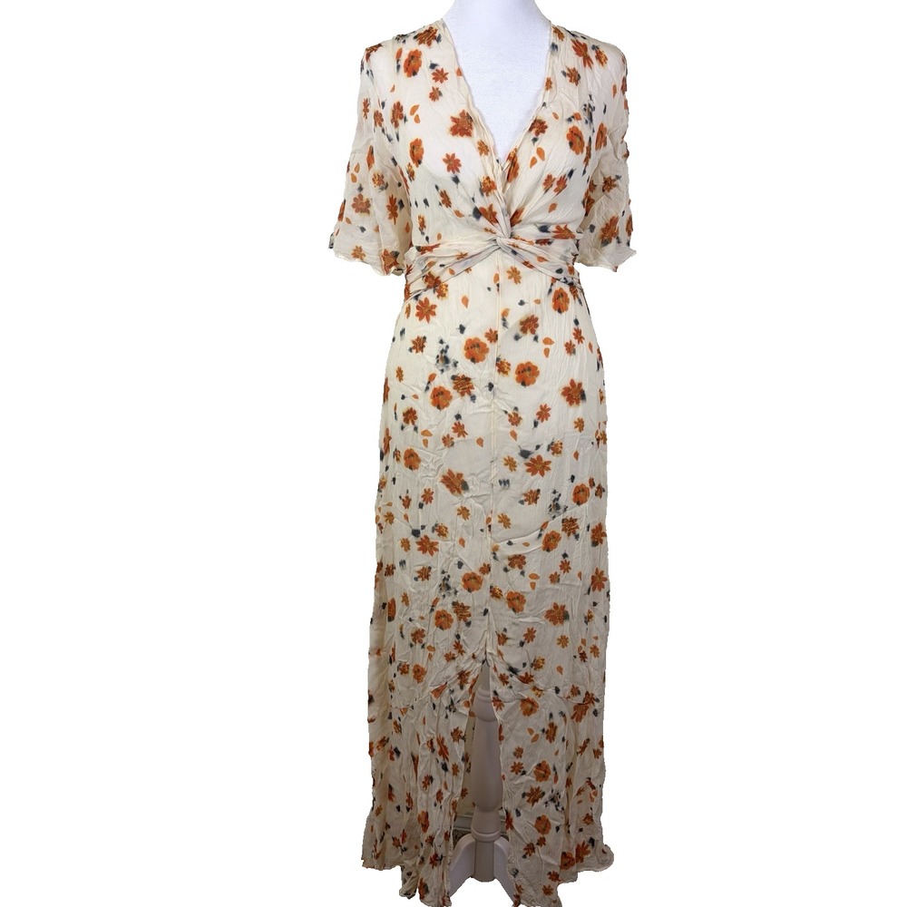 Rag & Bone Womens Crinkled Chiffon Maxi Dress 6 Cream‎ Orange Floral Cottagecore